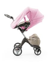 Stokke® Xplory® with Stokke® Stroller Seat and Scribble Peony Pink Summer Kit.