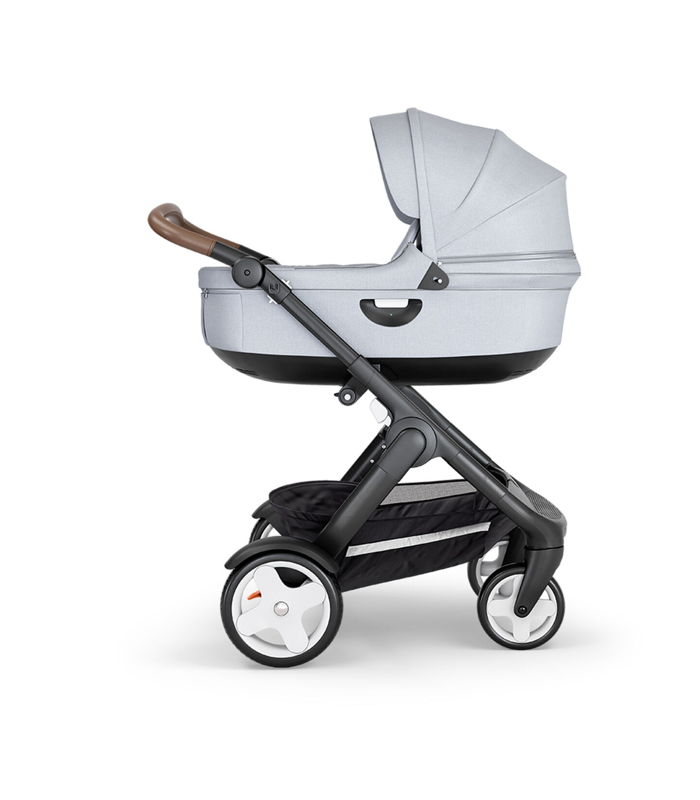 Stokke® Trailz™ with Black Chassis, Brown Leatherette and Classic Wheels. Stokke® Stroller Carry Cot, Grey Melange. view 2