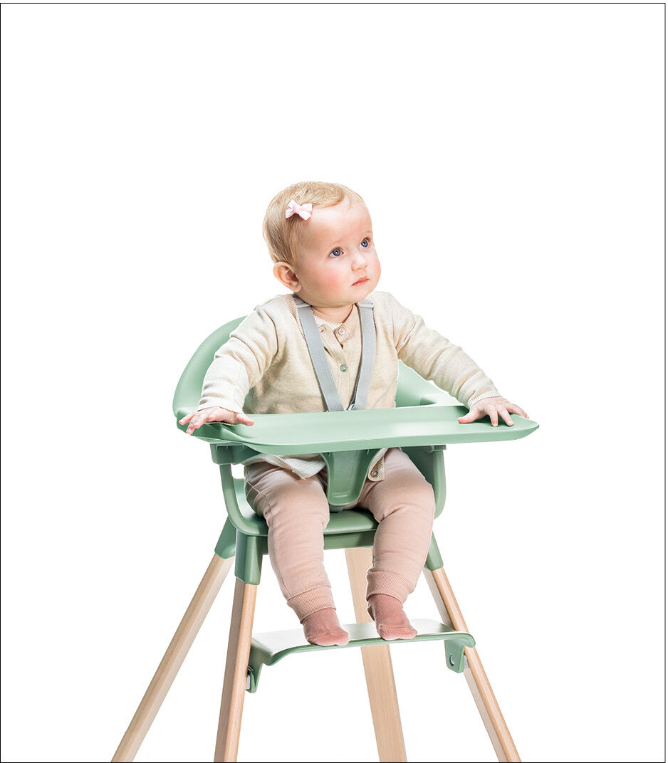 Stokke® Clikk™ High Chair. Natural Beech wood and Clover Green plastic parts. Harness and Tray.