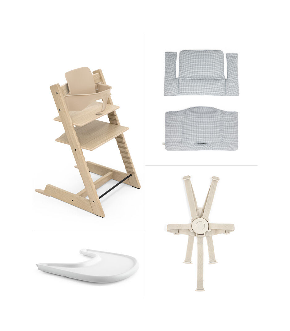 Tripp Trapp® Bundle. Chair Oak Natural, Baby Set2, Classic Cushion Nordic Blue, Stokke® Tray. US version.
