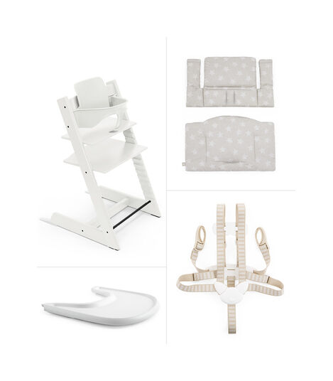 Tripp Trapp® Bundle. Chair White, Baby Set, Stokke® Tray and Classic Cushion Stars Silver. US version. view 2