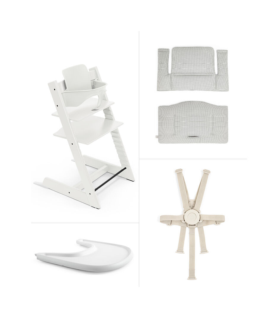 Tripp Trapp® High Chair² White, Nordic Grey Cushion and Stokke® Tray, White, Nordic Grey Cushion + Tray, mainview