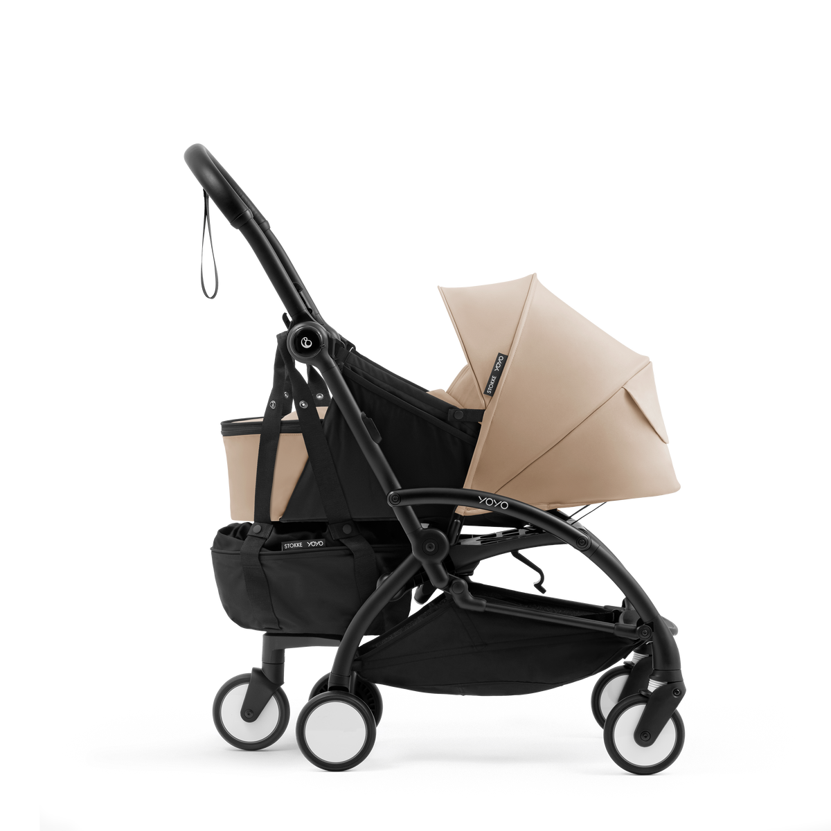 Stokke® YOYO5 Newborn Pack, Taupe, with Bag. Profile-view.