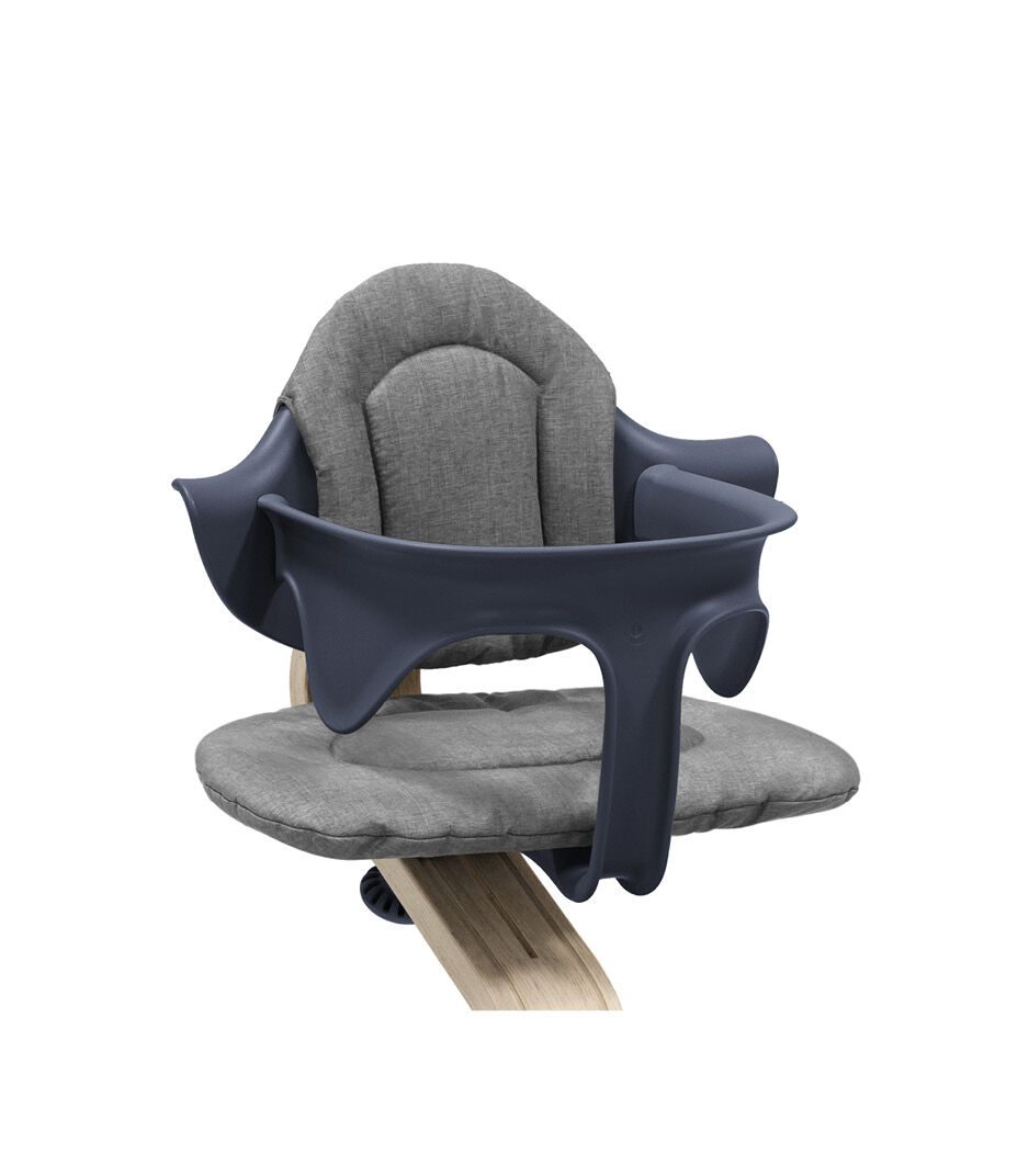 Stokke® Nomi® Chair Natural-Navy with Baby Set and Grey Cushions. Close-up. galery image 3