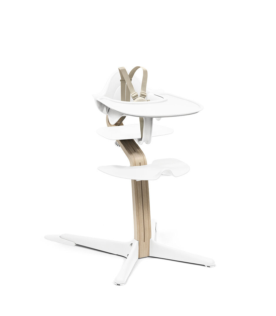 Stokke® Nomi® Chair Natural/White with Baby Set and Tray. US variant
