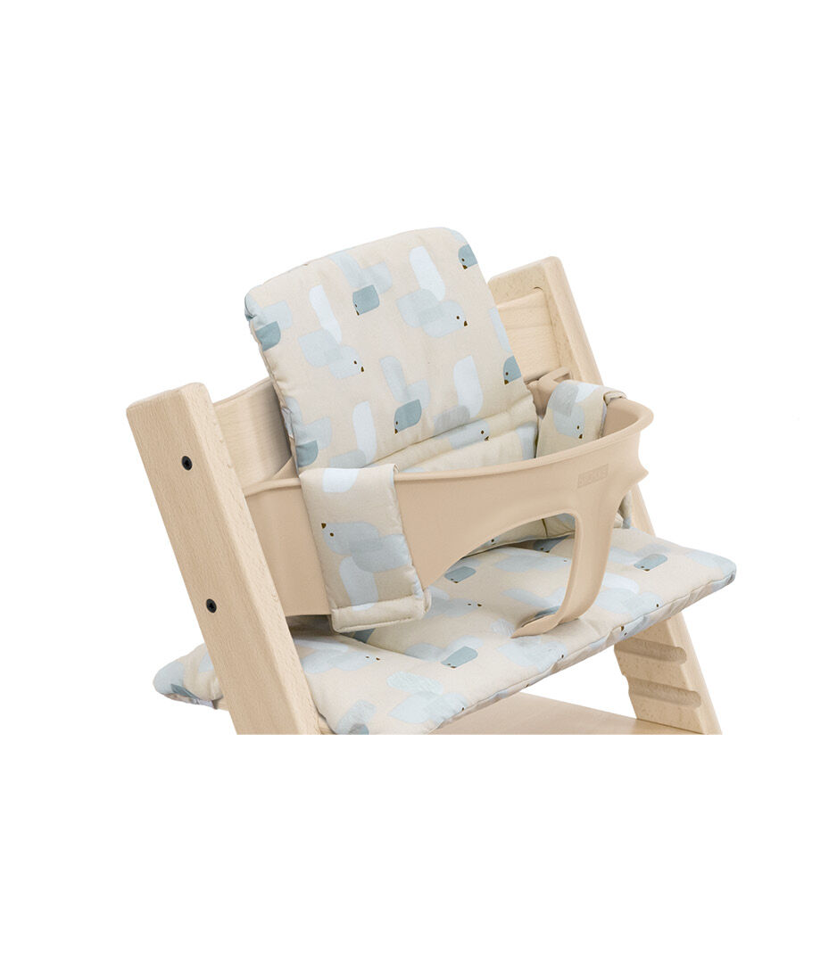 Tripp Trapp® High Chair Natural with Baby Set and Classic Cushion Birds Blue. Detail.