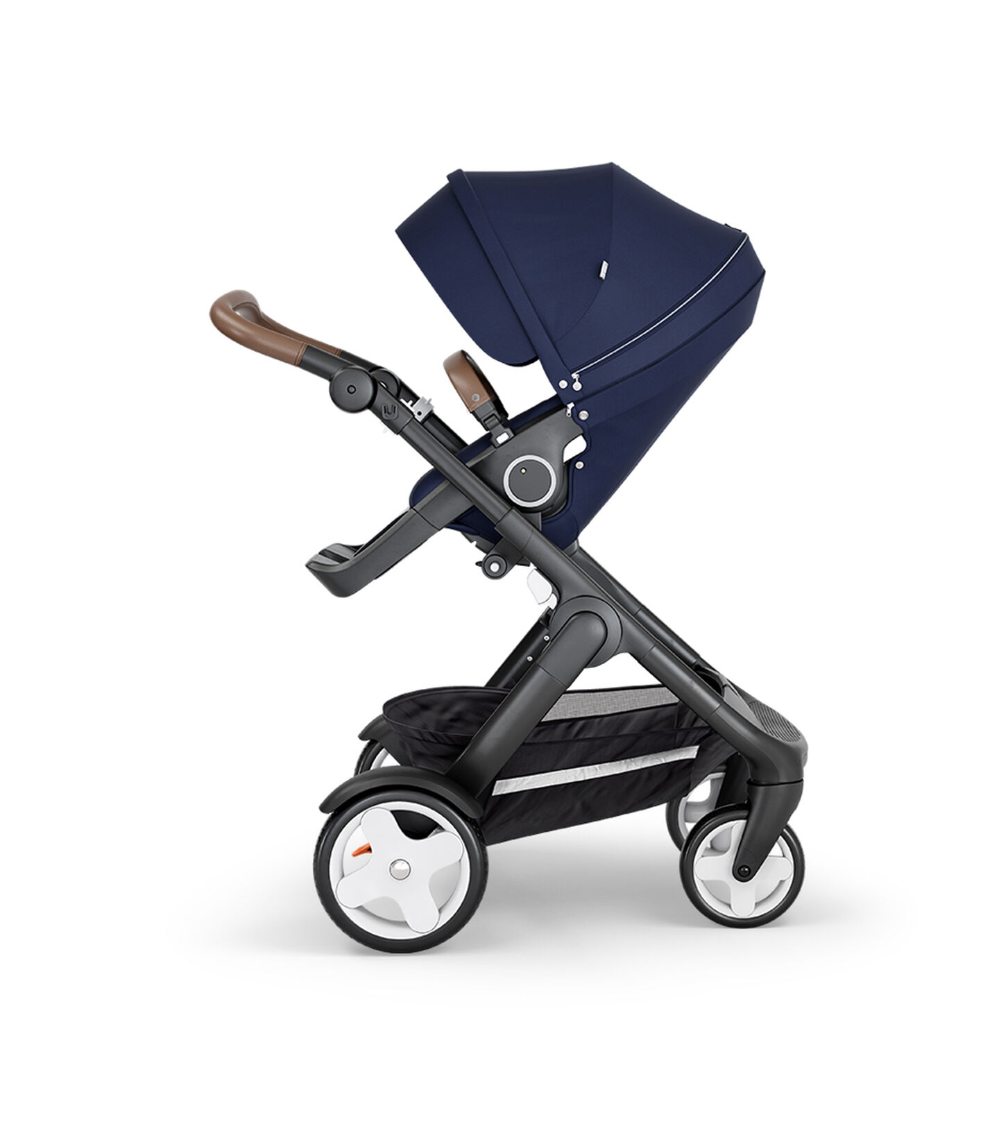 Stokke® Trailz™ with Black Chassis, Brown Leatherette and Classic Wheels. Stokke® Stroller Seat, Deep Blue. view 1