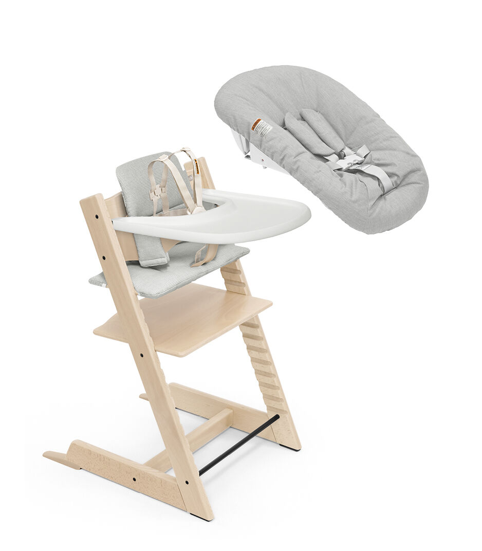 Tripp Trapp® High Chair² Natural, Nordic Grey Cushion, Grey Newborn Set and Stokke® Tray, Natural, Nordic Grey Cushion + Newborn, mainview