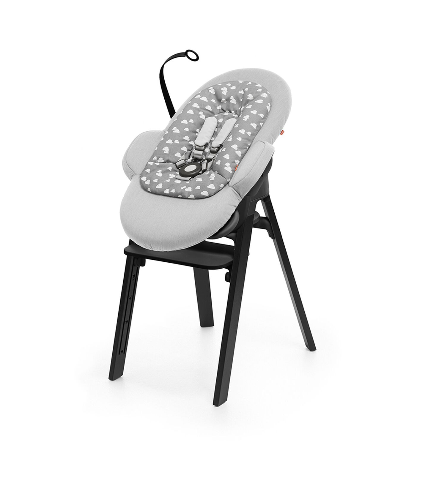Stokke® Steps™ Oak Black with Black Seat and footrest. Bouncer Grey Clouds. view 3