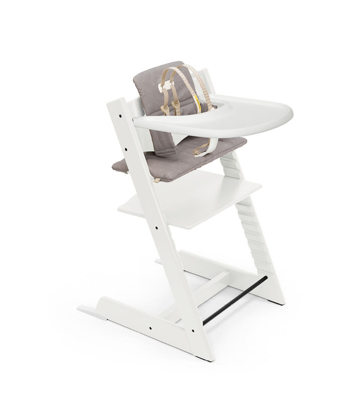 Tripp Trapp® High Chair White with Baby Set, Classic Cushion Icon Grey and Stokke® Tray. Bundle. US only. view 1