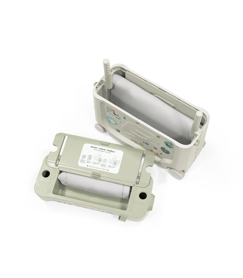 Stokke® JetKids™ BedBox™ V4, Sea Green with Sticker set "Animal". Open. galery image 7