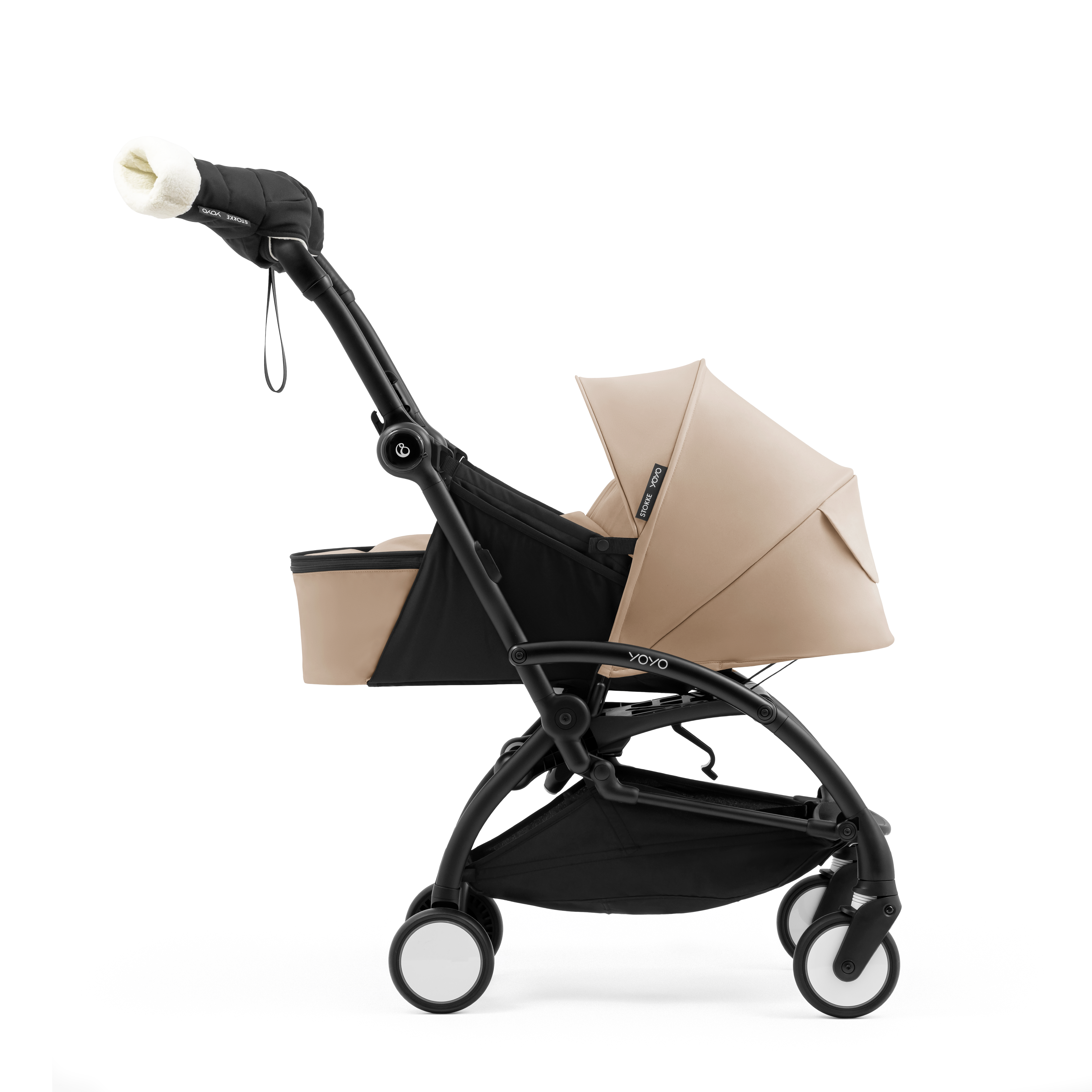 Stokke® YOYO5 Newborn Pack, Taupe, Mittens attached to handle. Profile-view. galery image 3