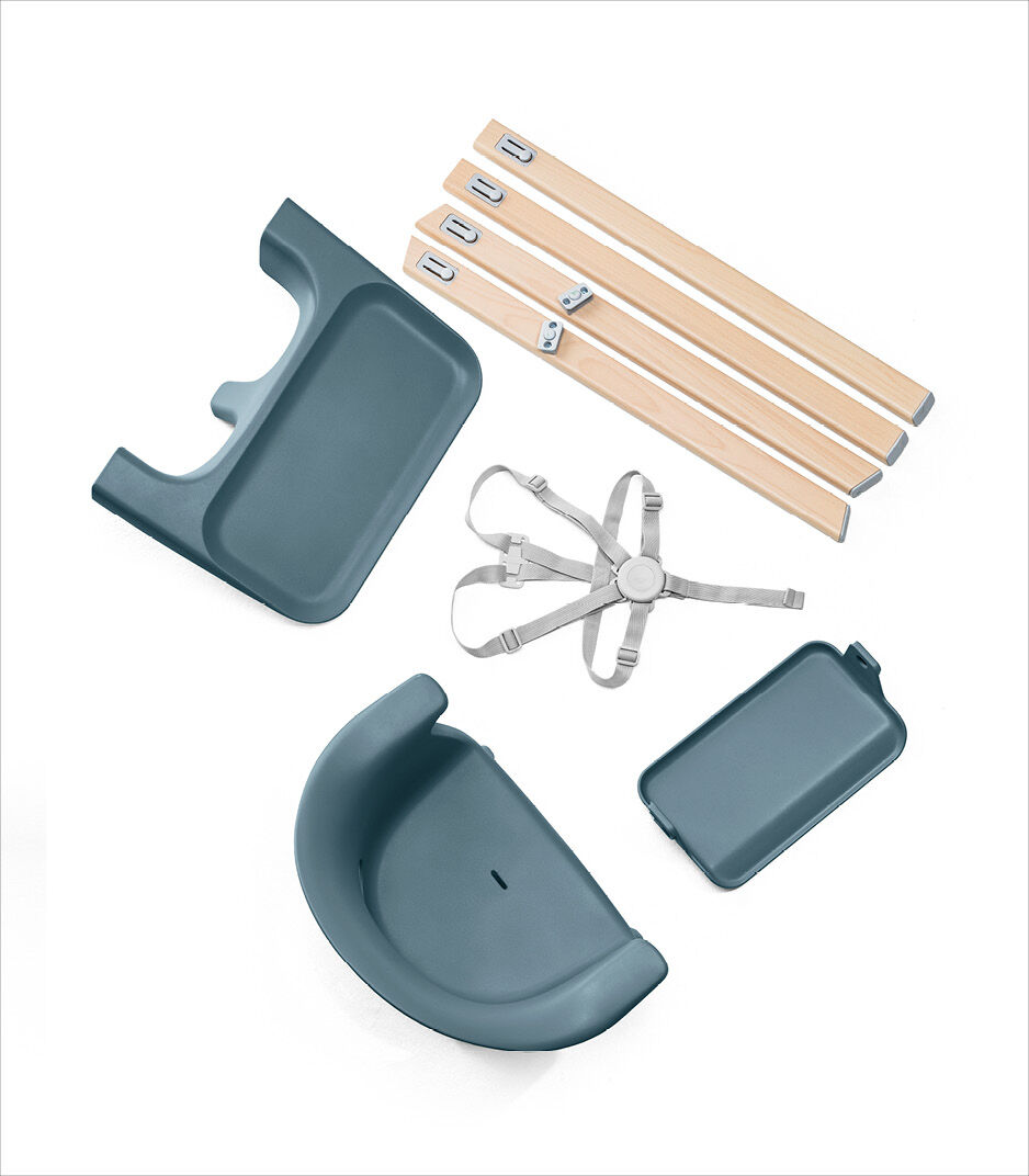Stokke® Clikk™ High Chair. Natural Beech wood and Fjord Blue plastic parts. What's included overview.
