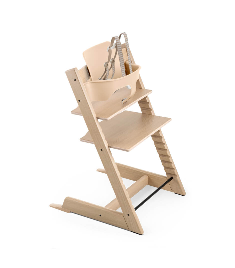 Tripp Trapp® Oak White with Baby Set Natural and Harness. Extended Glider, Natural. US version.