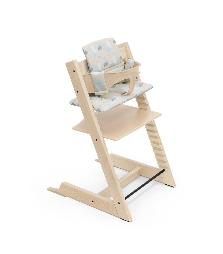 Tripp Trapp® High Chair Natural with Baby Set and Classic Cushion Birds Blue.