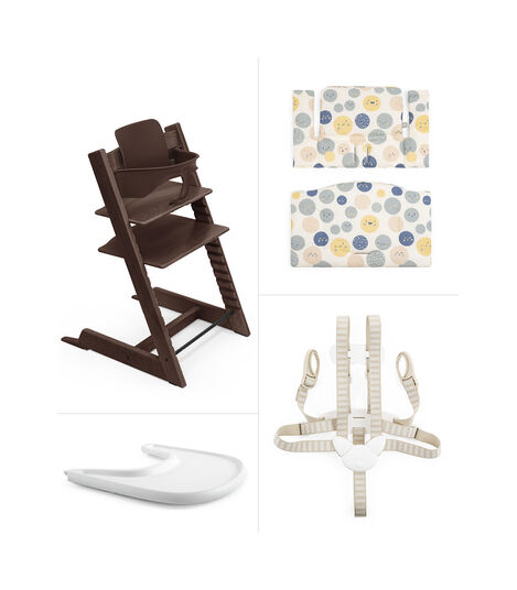 Tripp Trapp® Bundle. Chair Walnut Brown, Baby Set, Stokke® Tray and Classic Cushion Soul System. US version. view 2