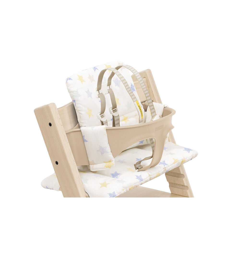Tripp Trapp® High Chair Natural with Baby Set and Classic Cushion Stars Multi. US version. Detail.
