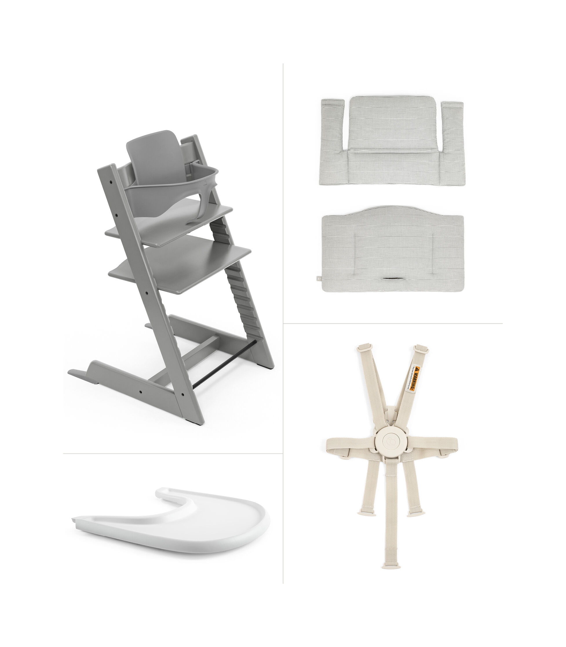 Tripp Trapp® High Chair² Storm Grey, Nordic Grey Cushion, and Stokke® Tray bundle pic
