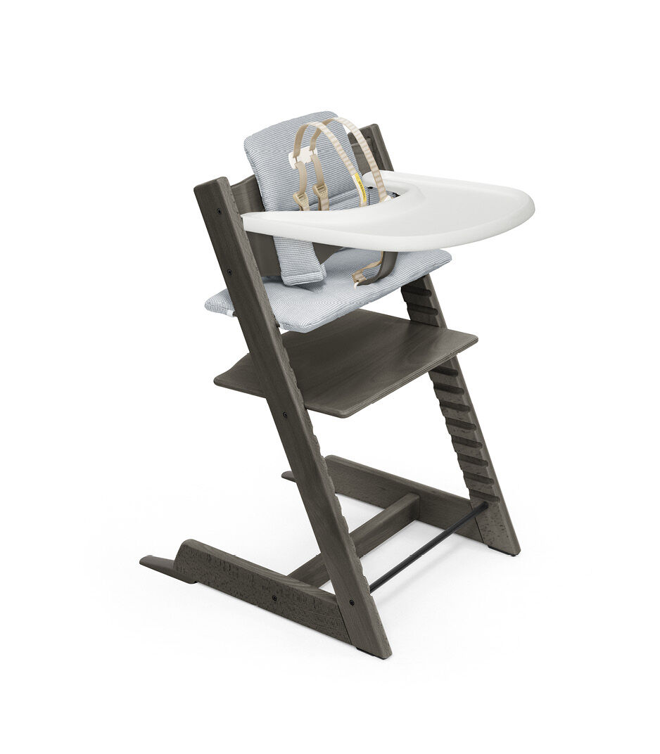 Tripp Trapp® Bundle. Chair Hazy Grey, Baby Set with Tray and Classic Cushion Nordic Blue. US version.