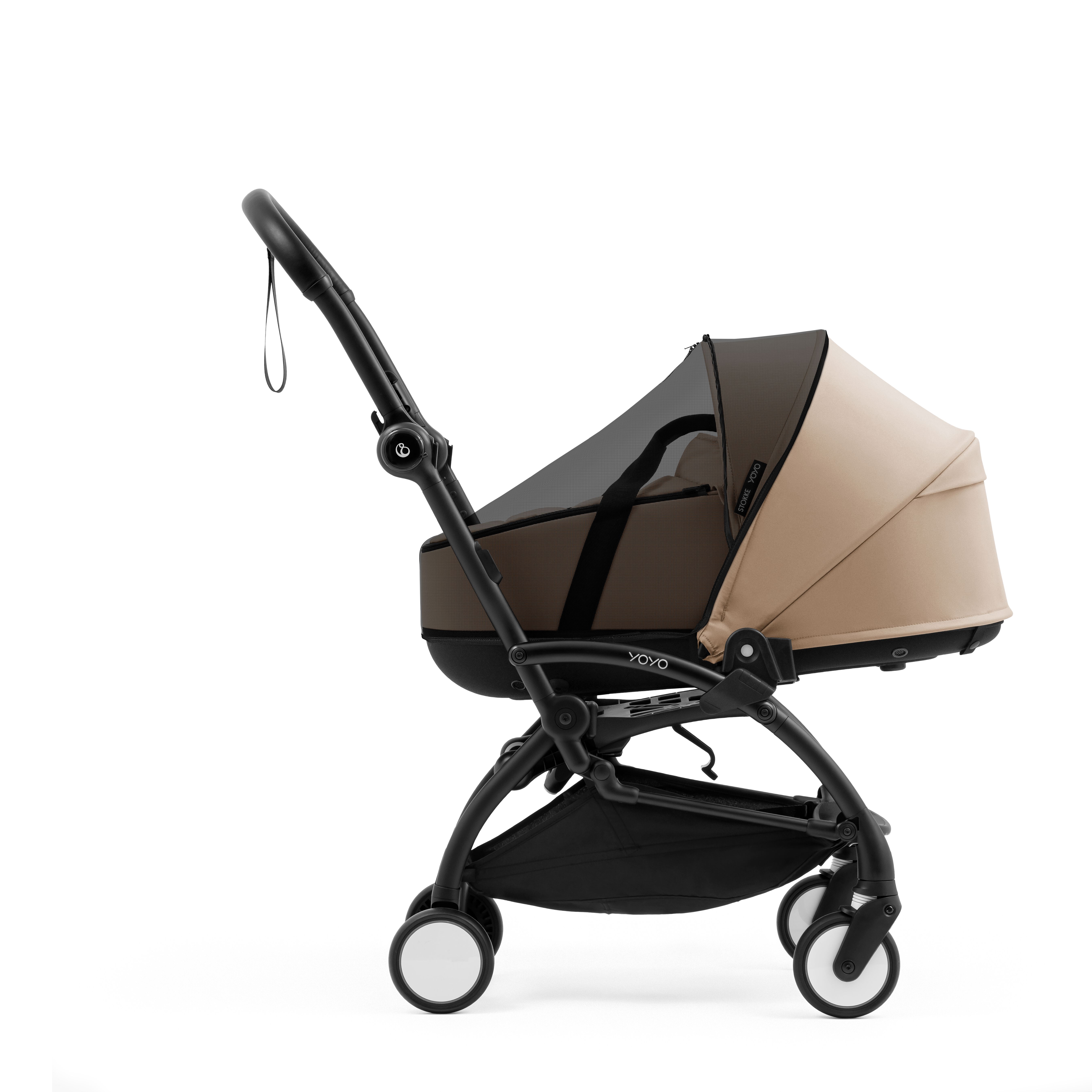Stokke® YOYO5 Bassinet, Taupe, with Mesh Cover. Profile-view.