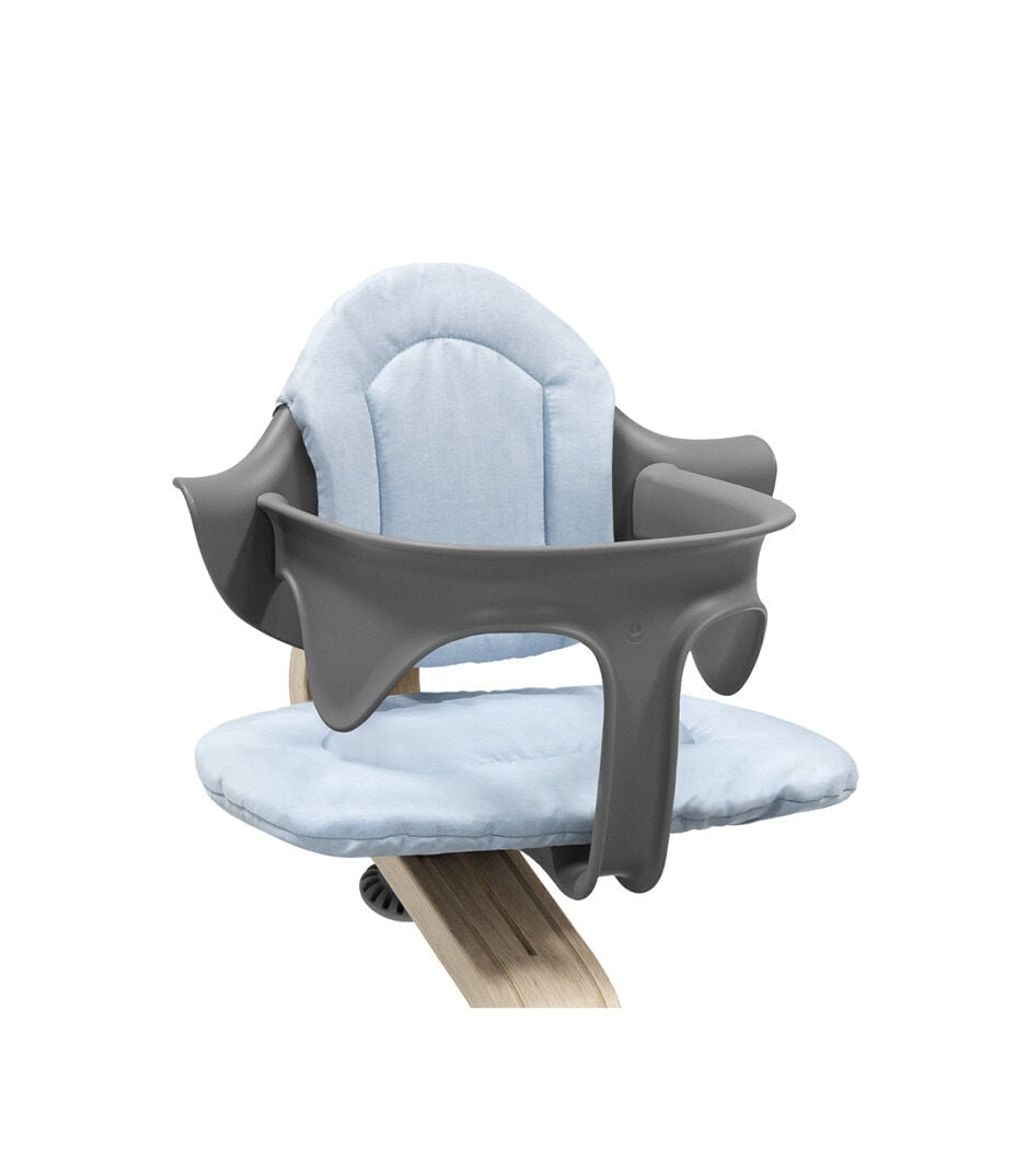 Stokke® Nomi® Chair Natural-Grey with Baby Set and Blue Cushions. Close-up. galery image 3
