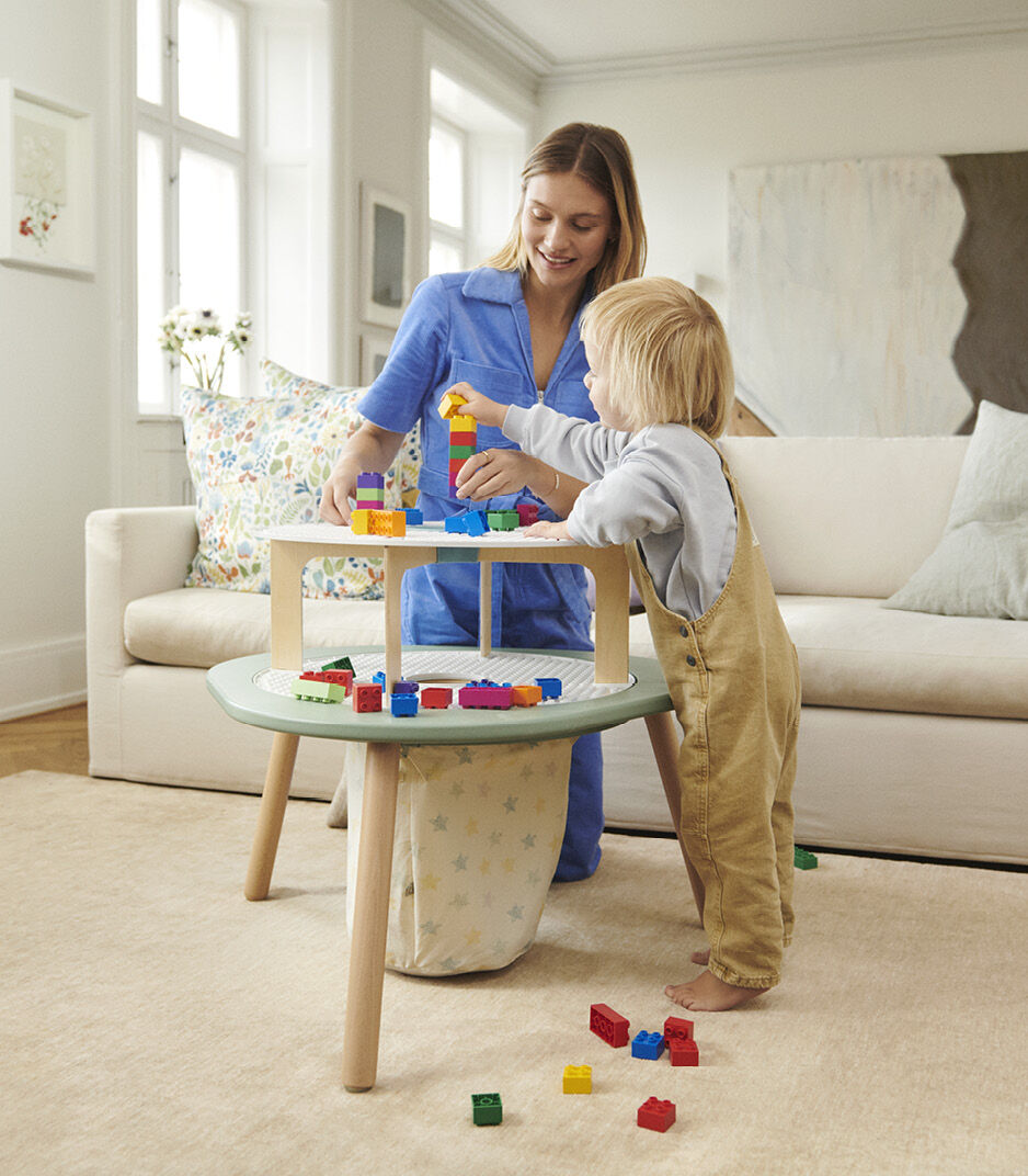 Stokke® MuTable™ Table Clover Green. Basic Bricks board, Large. Bricks Tower and Storage Bag, Stars. (accessories).