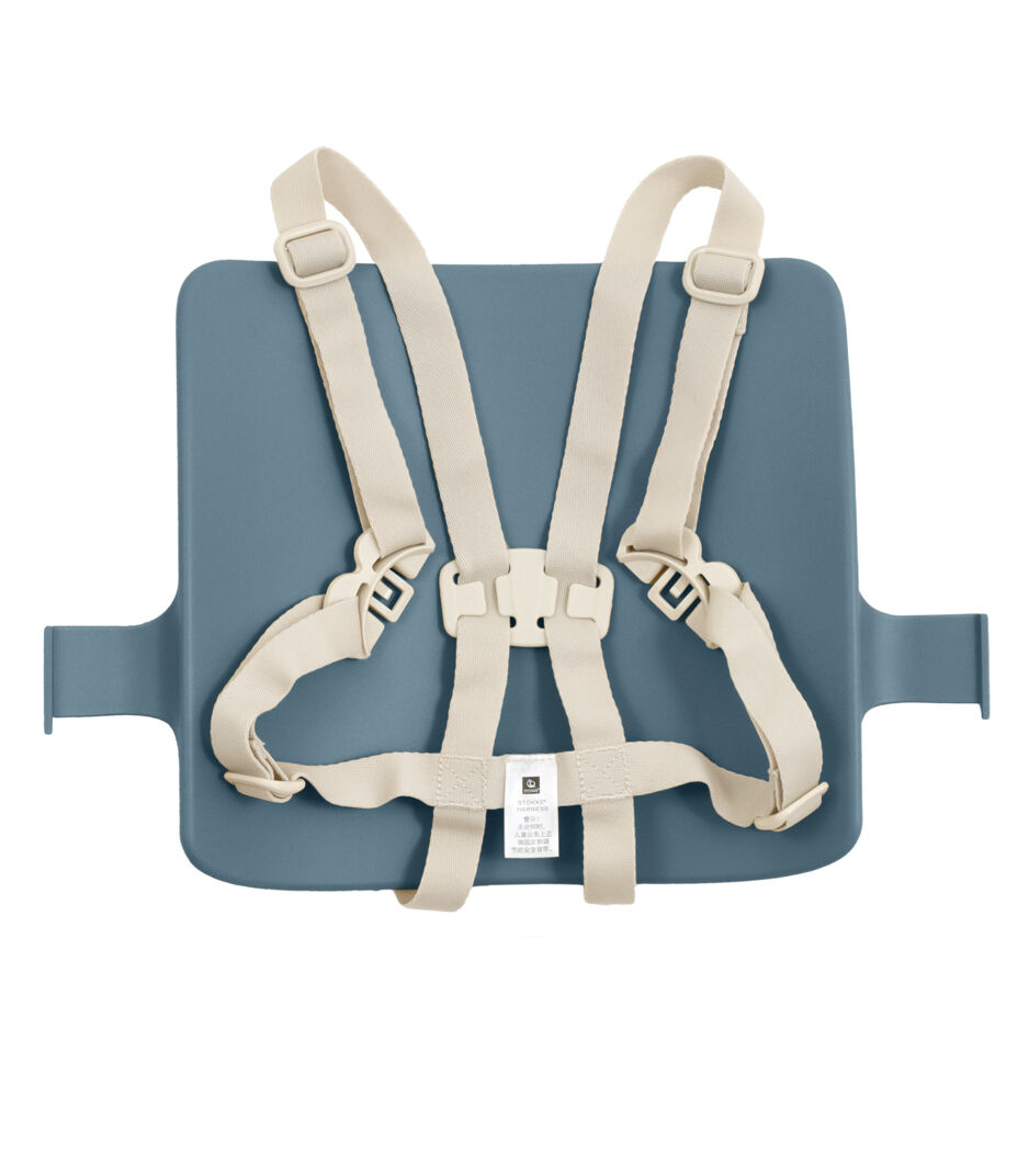 Tripp Trapp® Baby Set2 back rest, Fjord Blue. US variant with Stokke Harness, Beige.