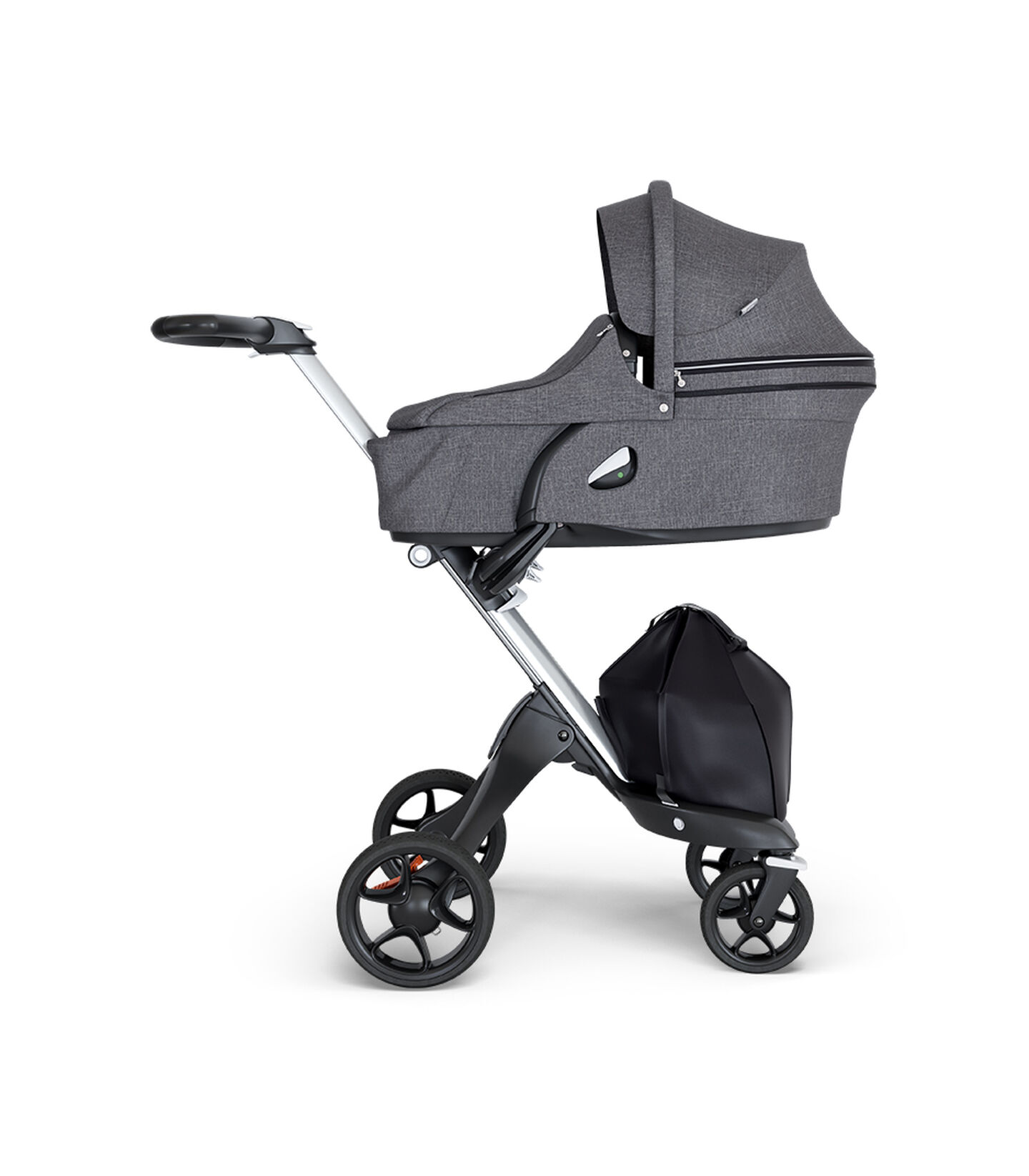 Stokke® Xplory® wtih Silver Chassis and Leatherette Black handle. Stokke® Stroller Carry Cot Black Melange. view 2
