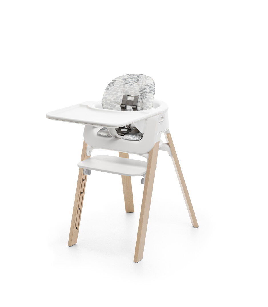 Stokke® Steps® High Chair Natural with White Baby Set and Tray. Cushion Waves Grey.