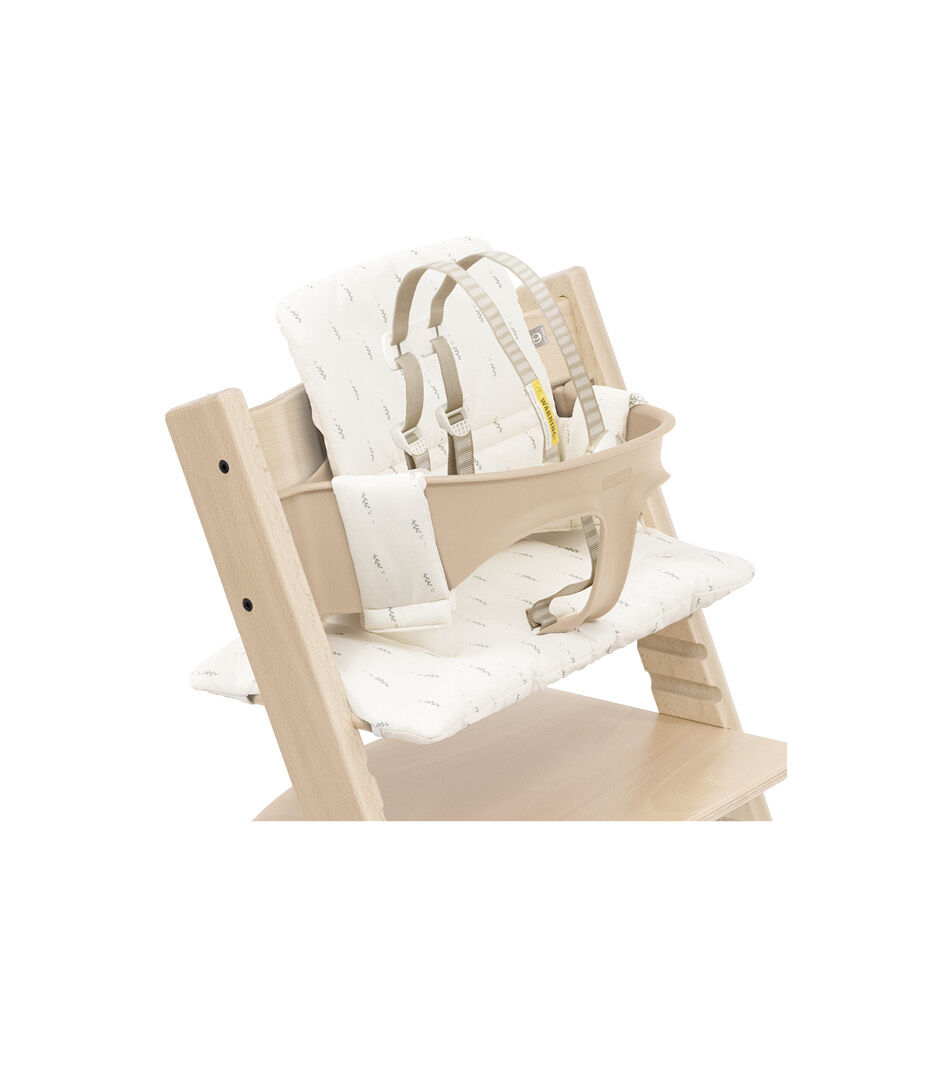 Tripp Trapp® chair Natural with Baby Set and Classic Cushion Wheat Cream. US variant with Harness.
