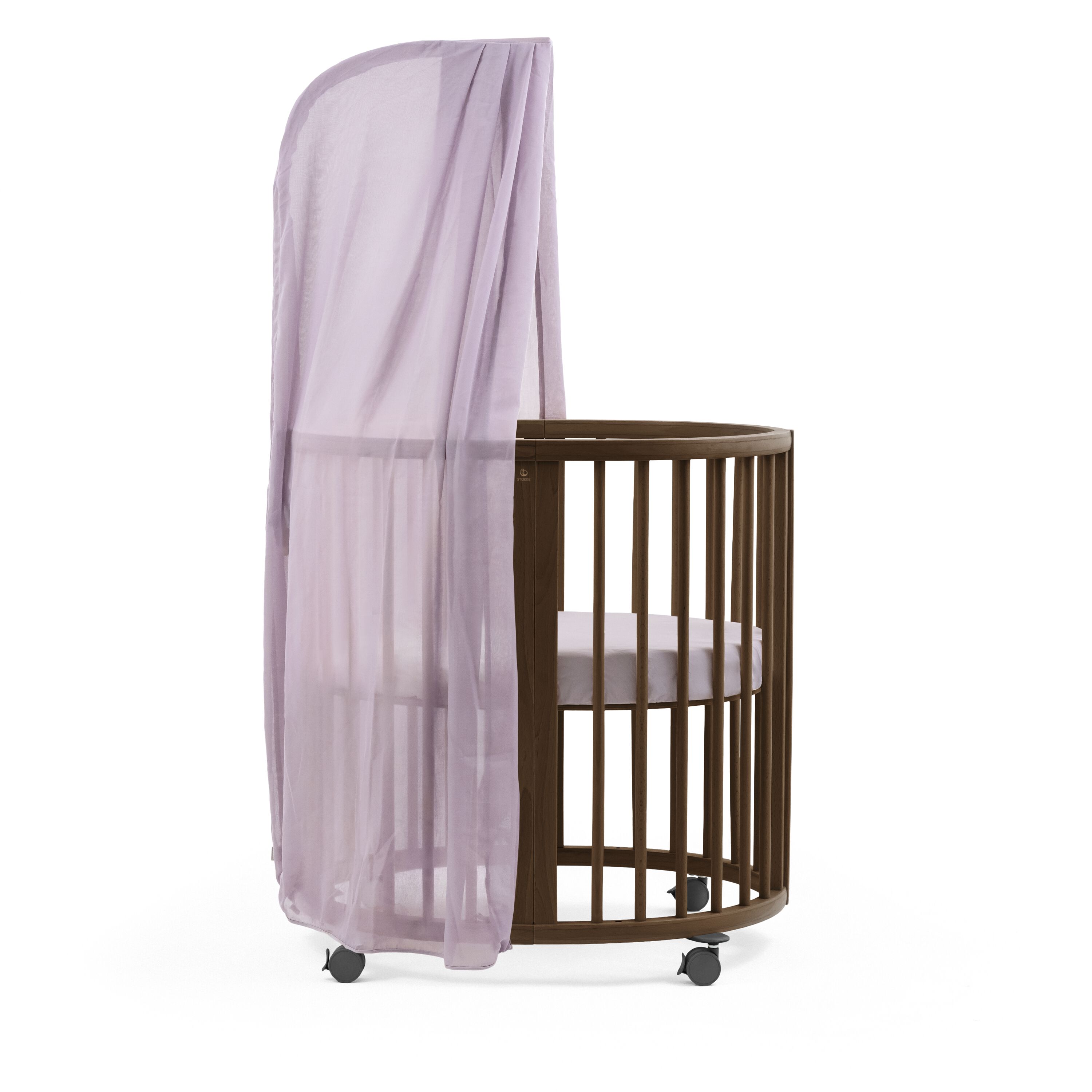 Stokke® Sleepi™ Mini Warm Brown. Fitted Sheet Lavender. Canopy Lavender.