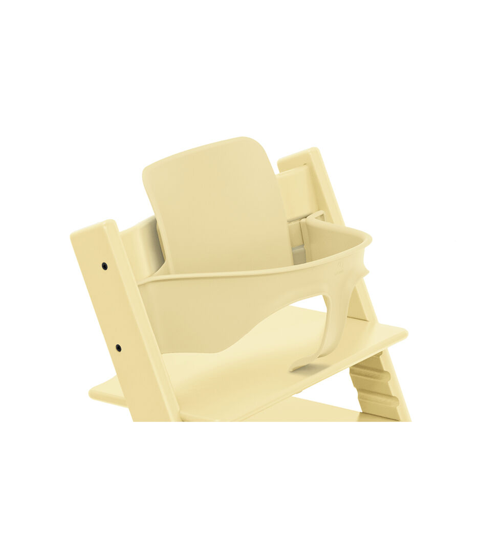 Tripp Trapp® chair Lemon Yellow, Beech Wood, with Baby Set. Close-up. galery image 1