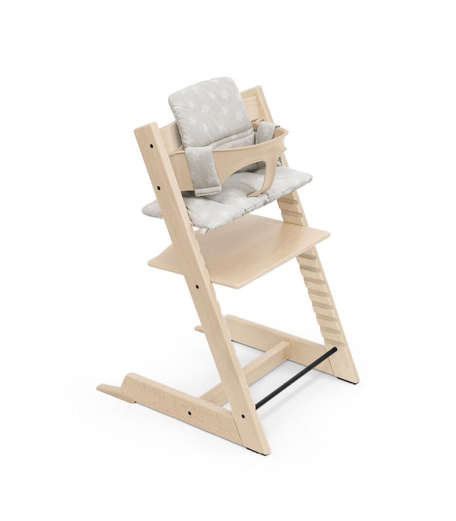 Tripp Trapp® High Chair Natural with Baby Set and Classic Cushion Stars Silver.