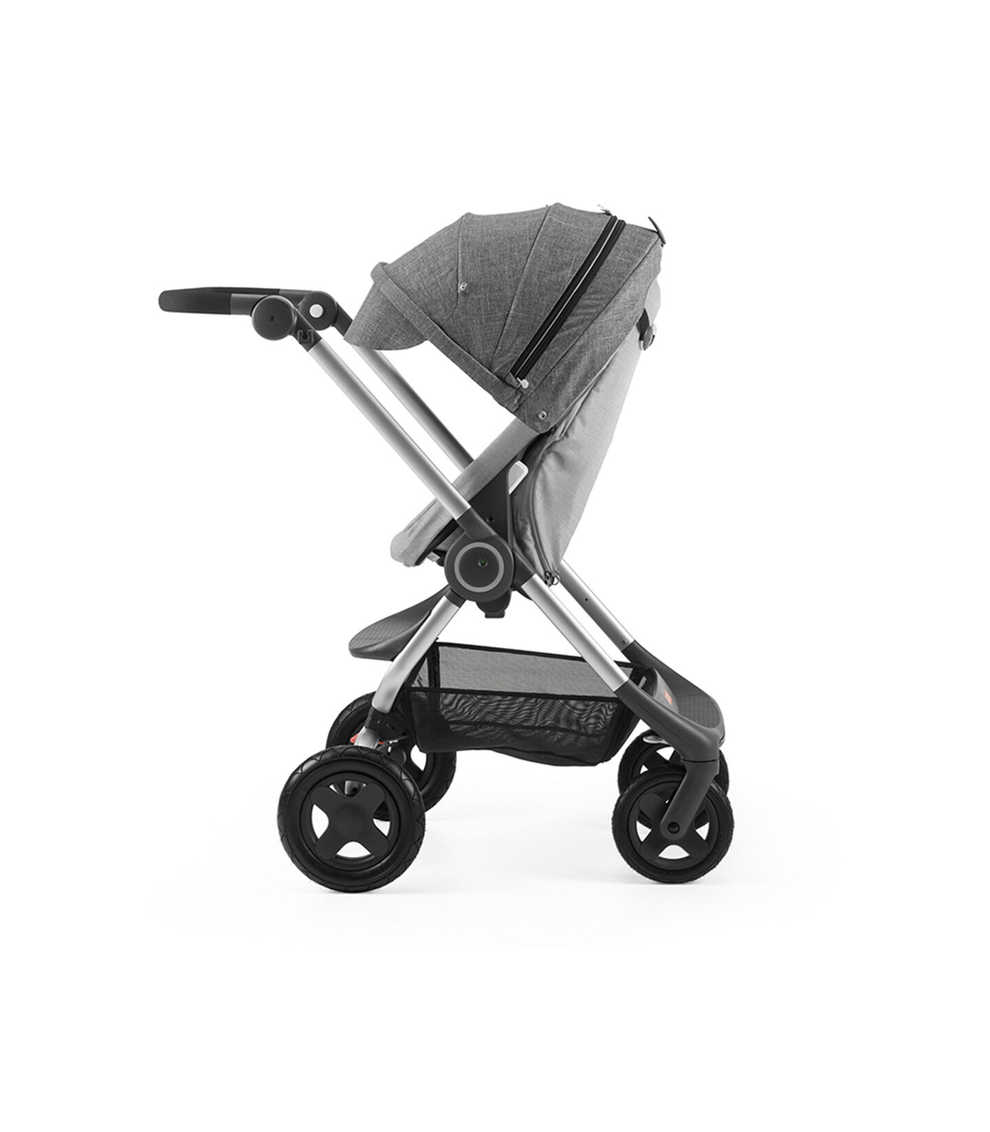 Stokke® Scoot™ Grey Melange with Black Melange Canopy. Parent facing, active position. Stokke® Scoot™ Grey Melange with Black Melange Canopy. Parent facing, active position.