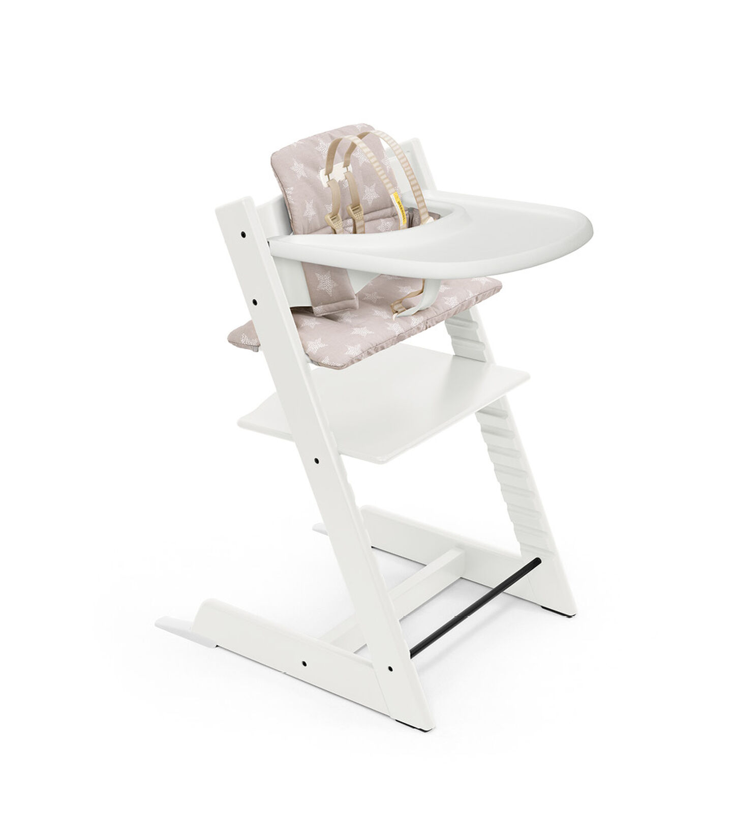 Tripp Trapp® Bundle. Chair White, Baby Set with Tray and Classic Cushion Stars Silver. US version. view 1