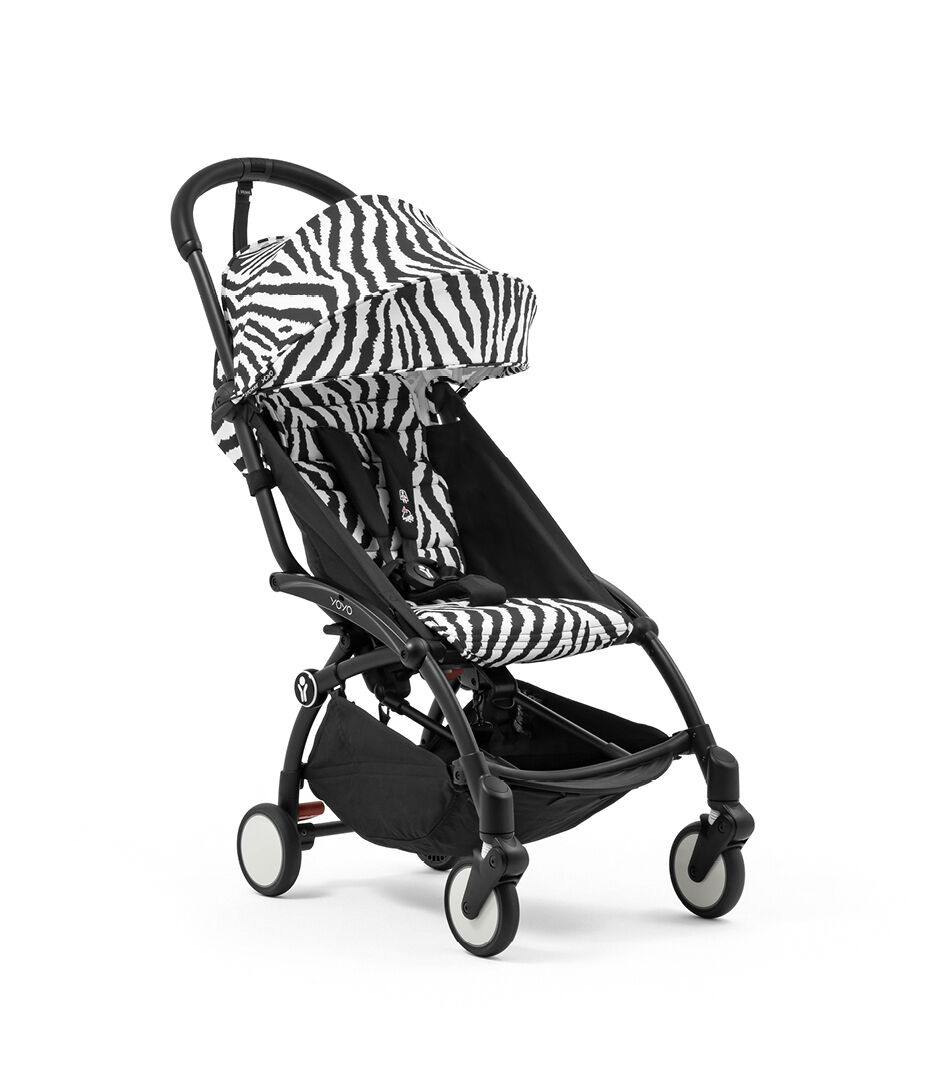 Stokke® YOYO® 6+ Zebra. Black frame. Angled view.