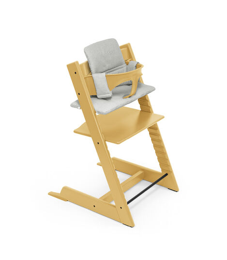 Tripp Trapp® High Chair (Beech wood) Sunflower Yellow with Baby Set and Classic Cushion Nordic Grey. view 6