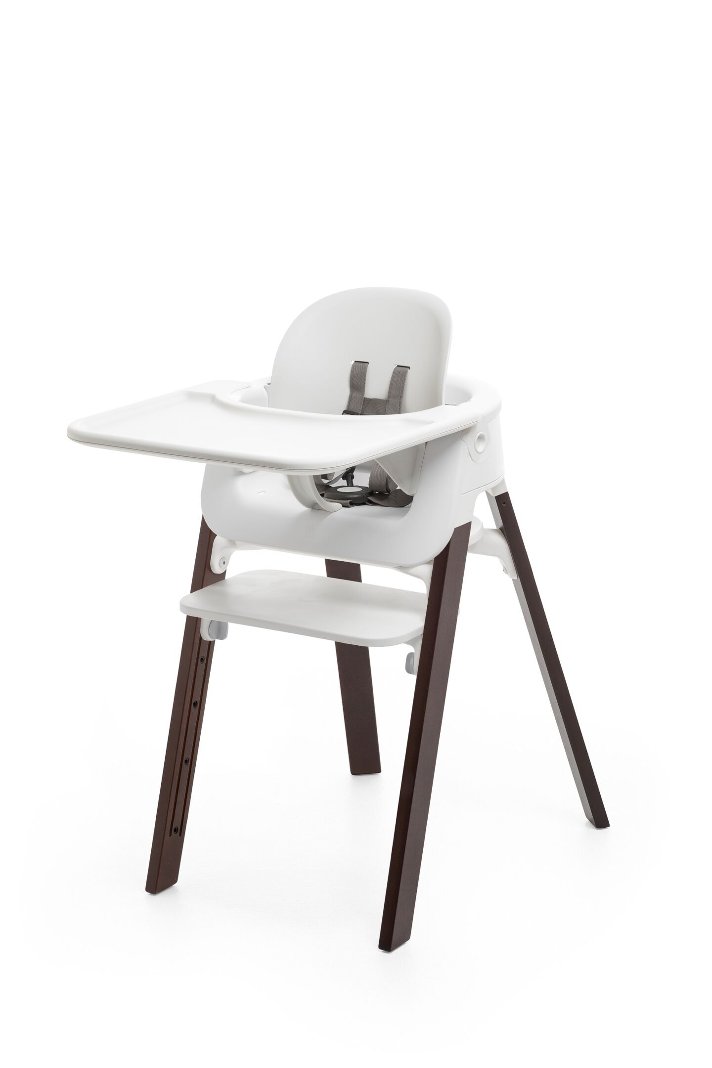 Stokke Steps Chair Walnut Brown Tray And Baby Set Mounted On Stokke Steps Highchair