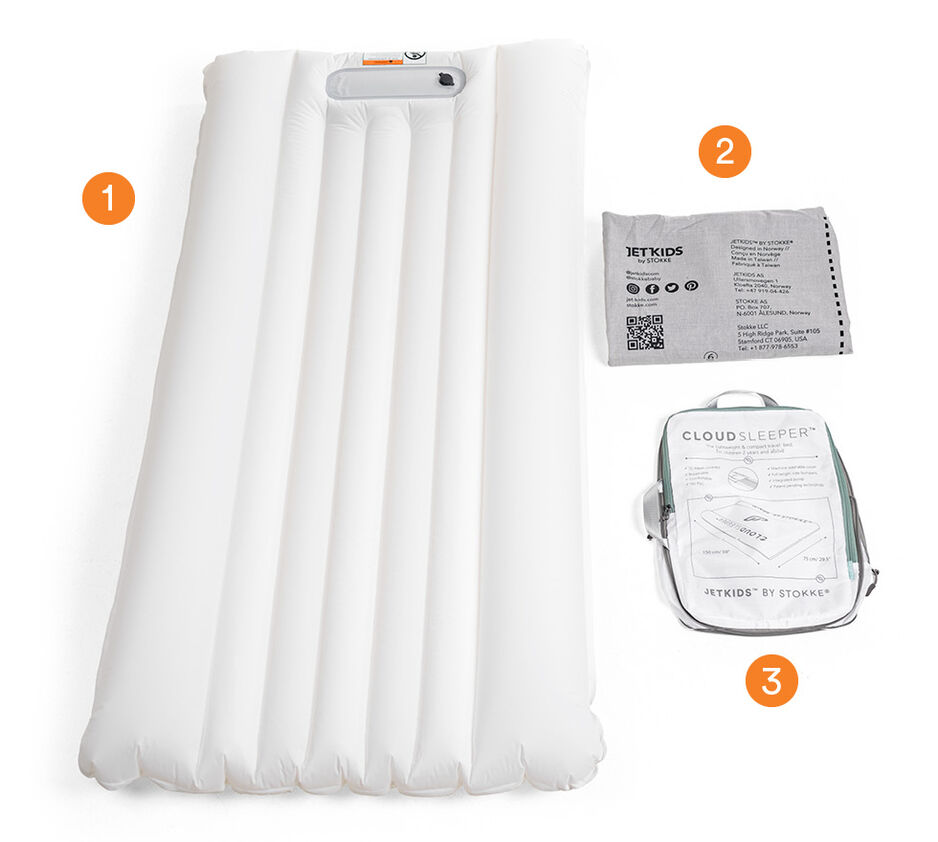 JetKids™ by Stokke®  CloudSleeper. What's included. Mattress, mattress covar and storage bag. view 1