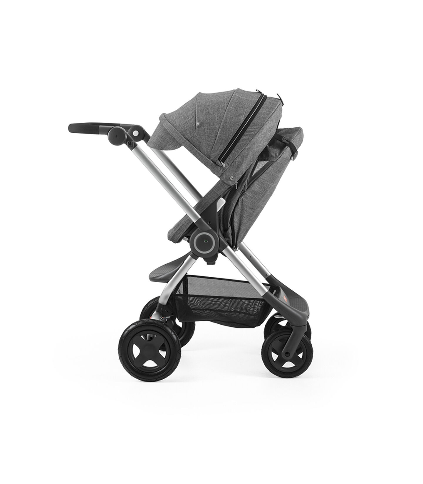 Stokke® Scoot™ Black Melange with Black Melange Canopy. Parent facing, rest position. Stokke® Scoot™ Black Melange with Black Melange Canopy. Parent facing, rest position.