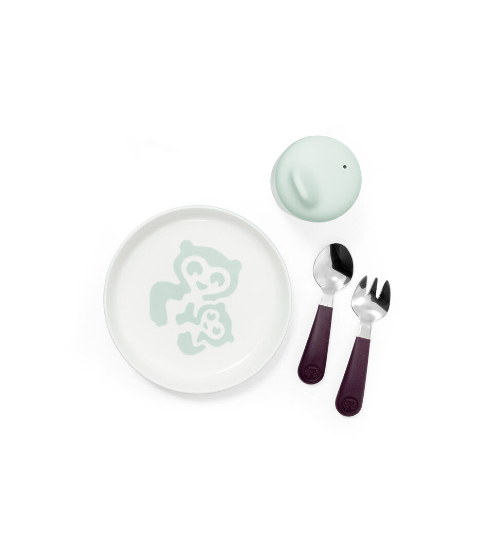 Stokke™ Munch Essentials. Tableware collection. Includes: Plate with cutlery and cup with lid.