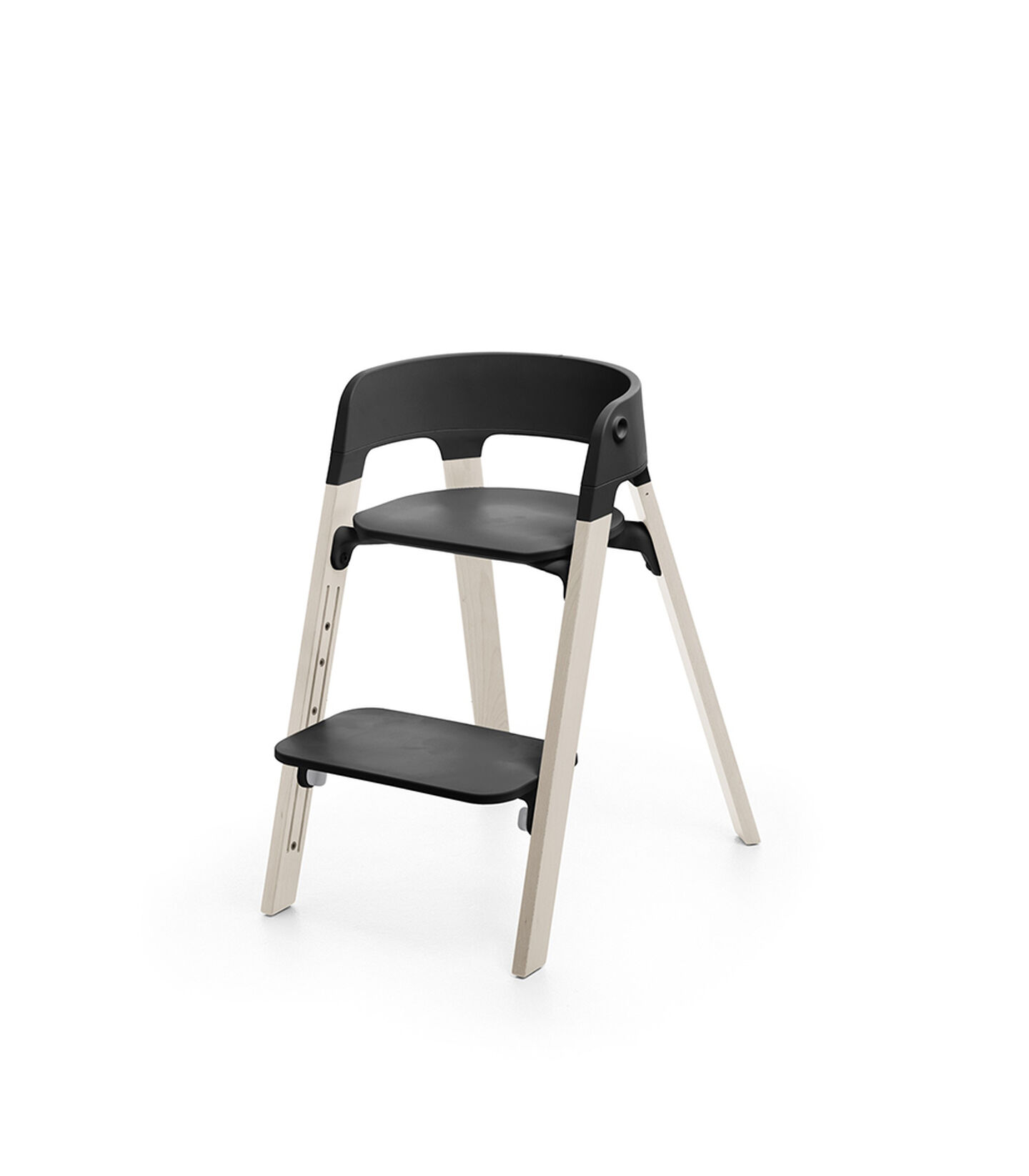 Stokke&reg; Steps&trade; Whitewash with Black seat and footrest in low position.