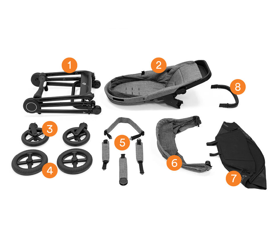 Stokke&reg; Beat&trade; Stroller Complete in Black Melange. What is included.