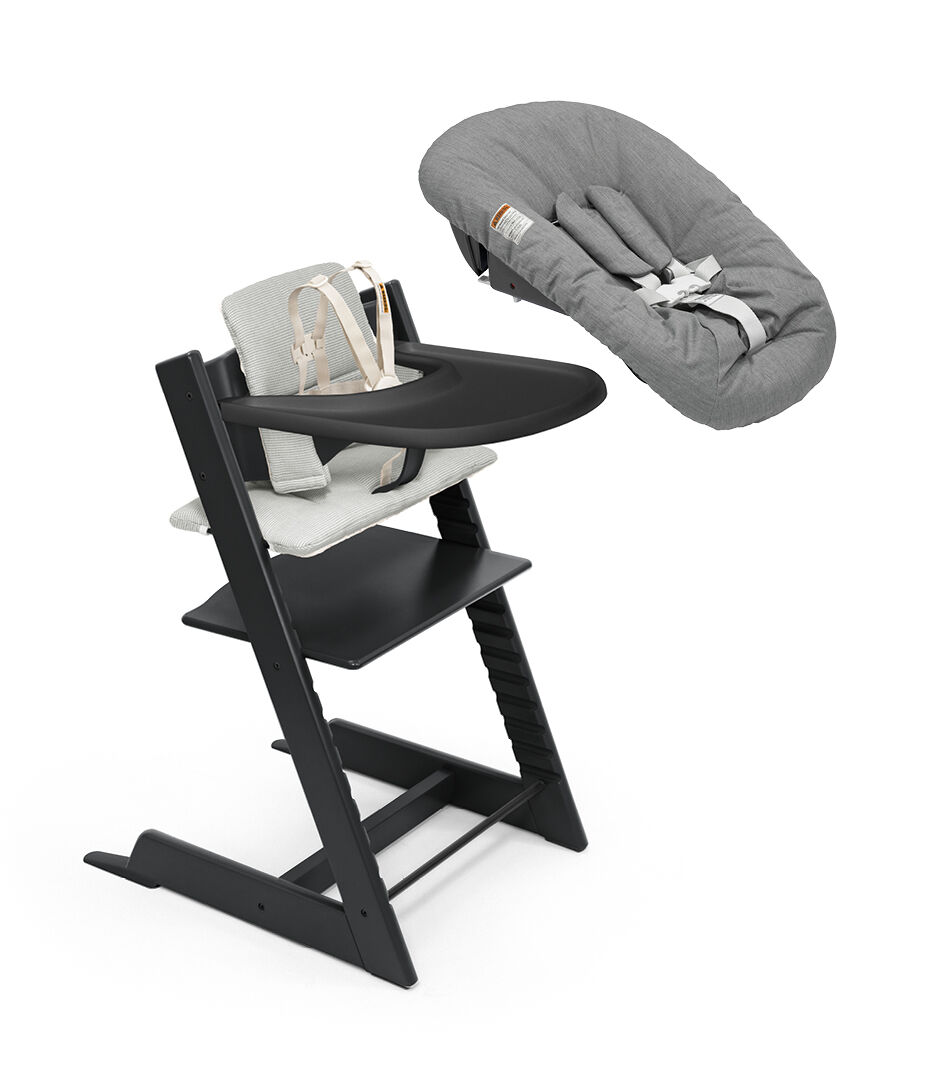 Tripp Trapp® High Chair² Black, Nordic Grey Cushion, Anthracite Newborn Set and Stokke® Tray
, Black, Nordic Grey Cushion + Newborn, mainview