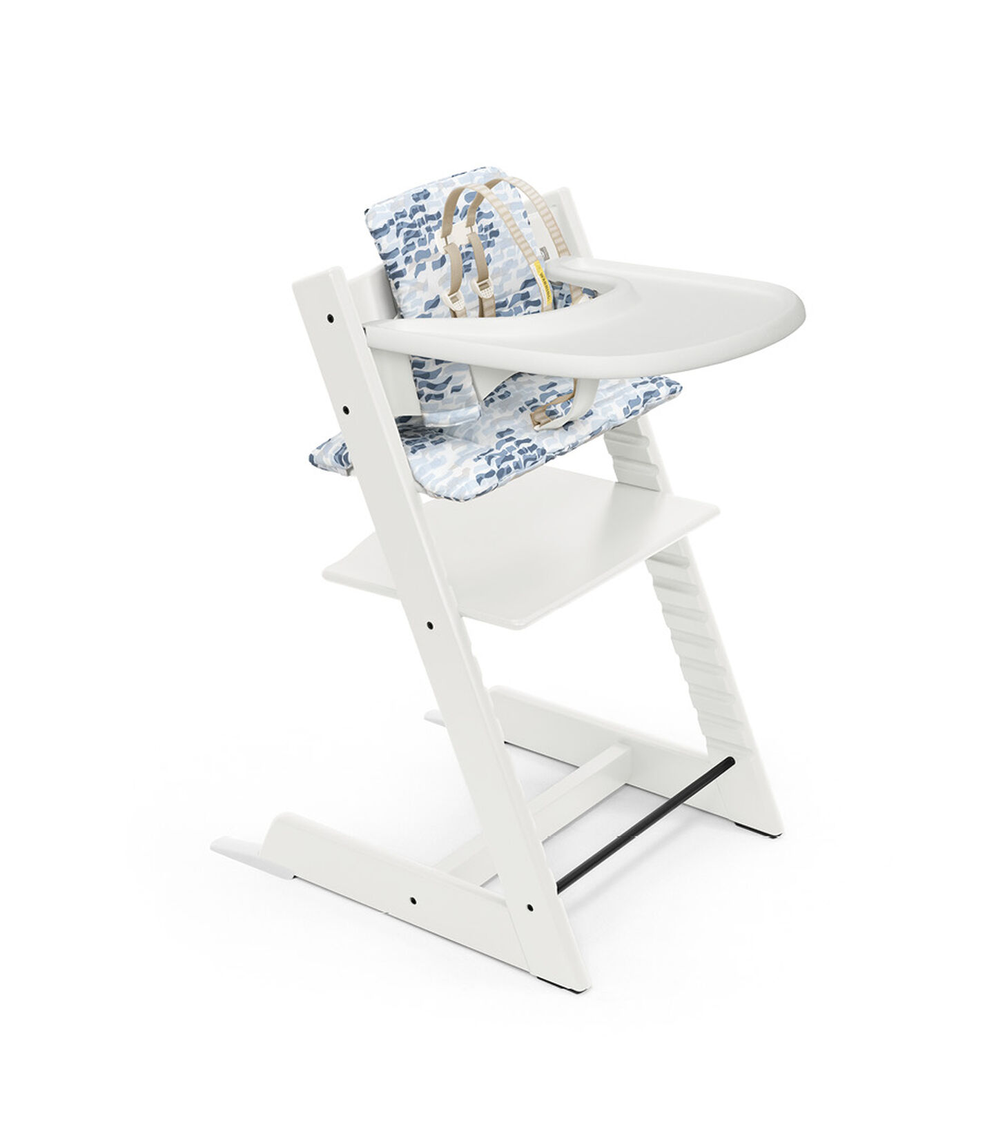 Tripp Trapp® Bundle. Chair White, Baby Set with Tray and Classic Cushion Waves Blue. US version. view 1