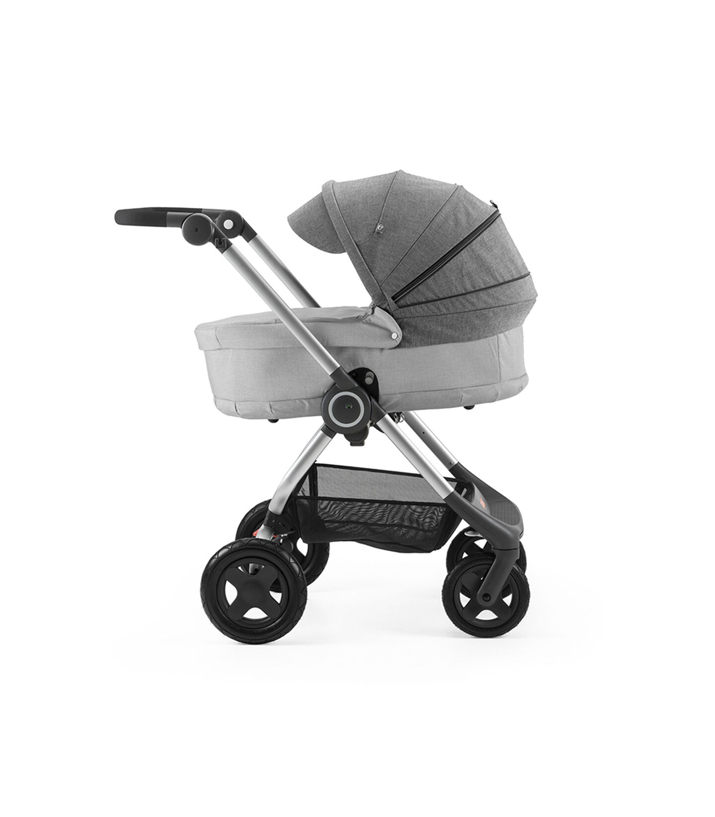 Stokke® Scoot™ with Carry Cot Grey Melange and Black Melange Canopy. Stokke® Scoot™ with Carry Cot Grey Melange and Black Melange Canopy.