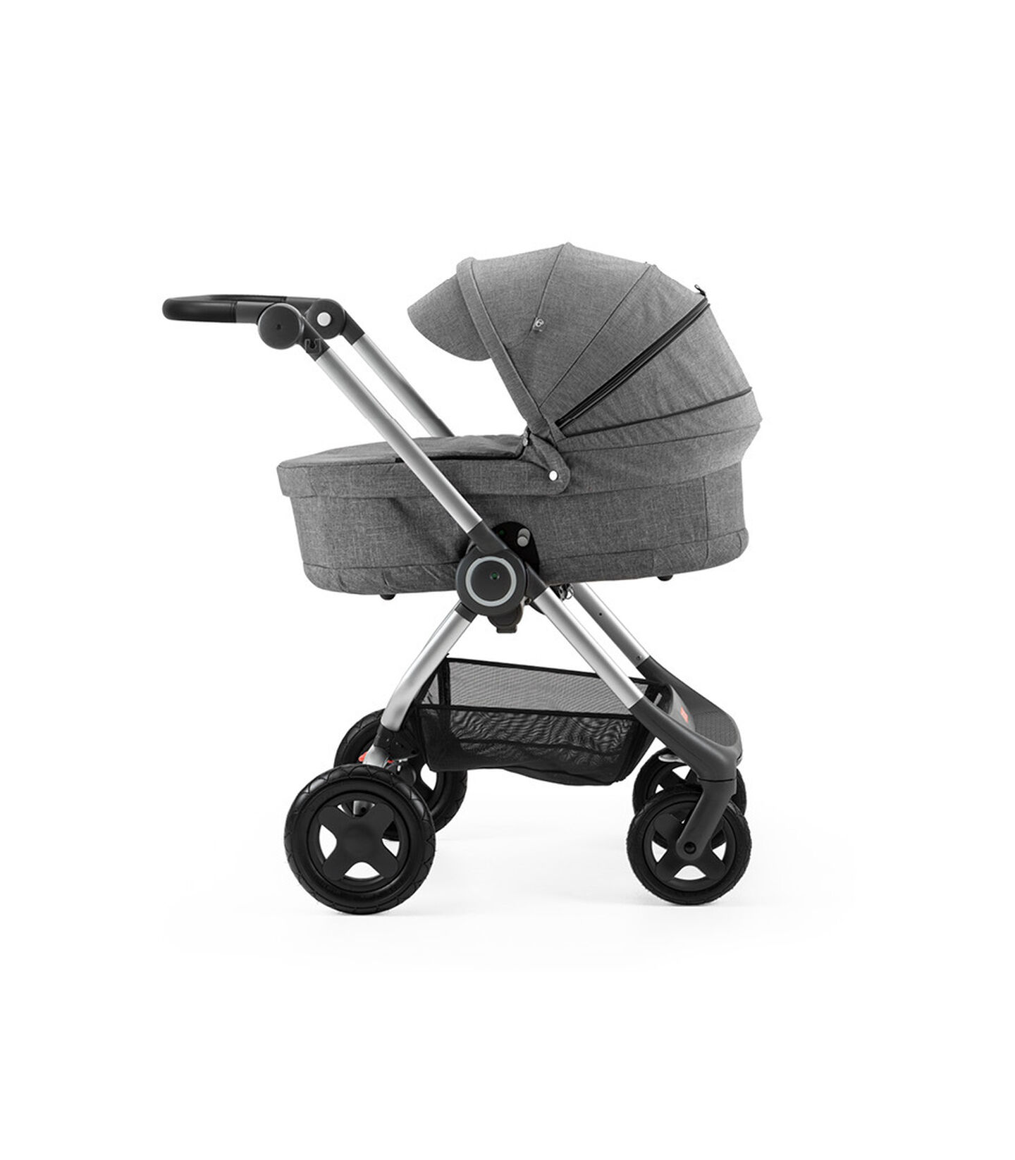 Stokke® Scoot™ with Carry Cot Black Melange and Black Melange Canopy. Leatherette handle. Stokke® Scoot™ with Carry Cot Black Melange and Black Melange Canopy.
