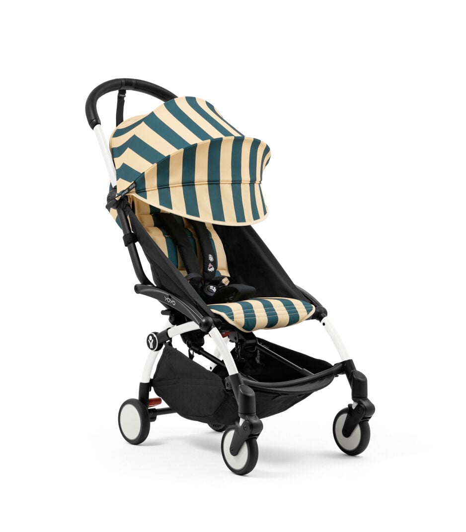 Stokke® YOYO3® 6+ – Riviera Monaco. Extended canopy. White frame. Front view, angled. galery image 12