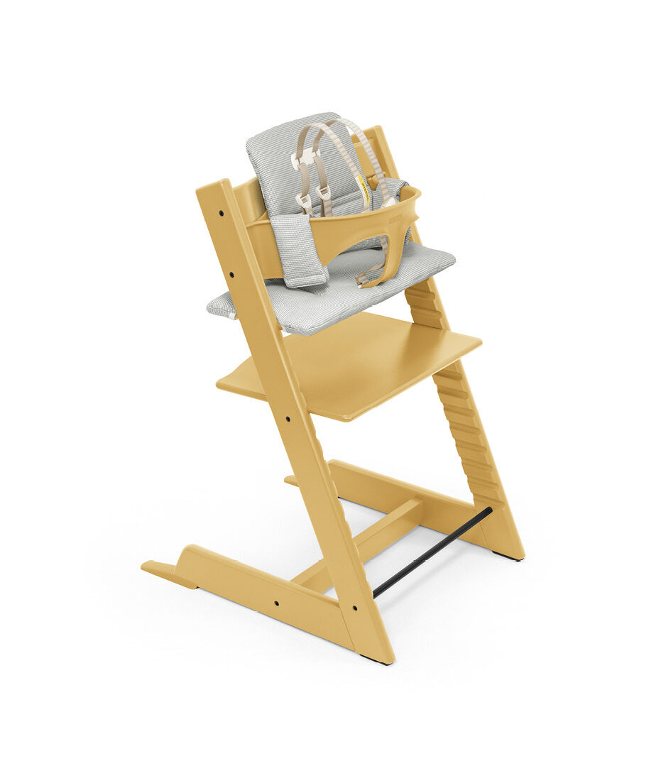 Tripp Trapp® High Chair Sunflower Yellow with Baby Set and Classic Cushion Nordic Grey. US version.