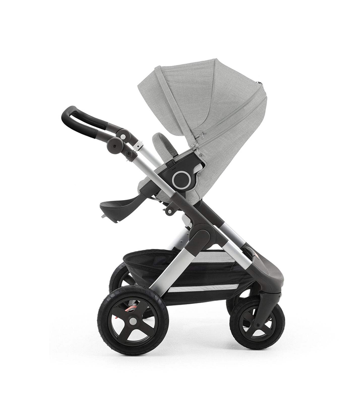 Stokke® Trailz™ with silver chassis and Stokke® Stroller Seat, Grey Melange. Leatherette Handle. Terrain Wheels. view 1